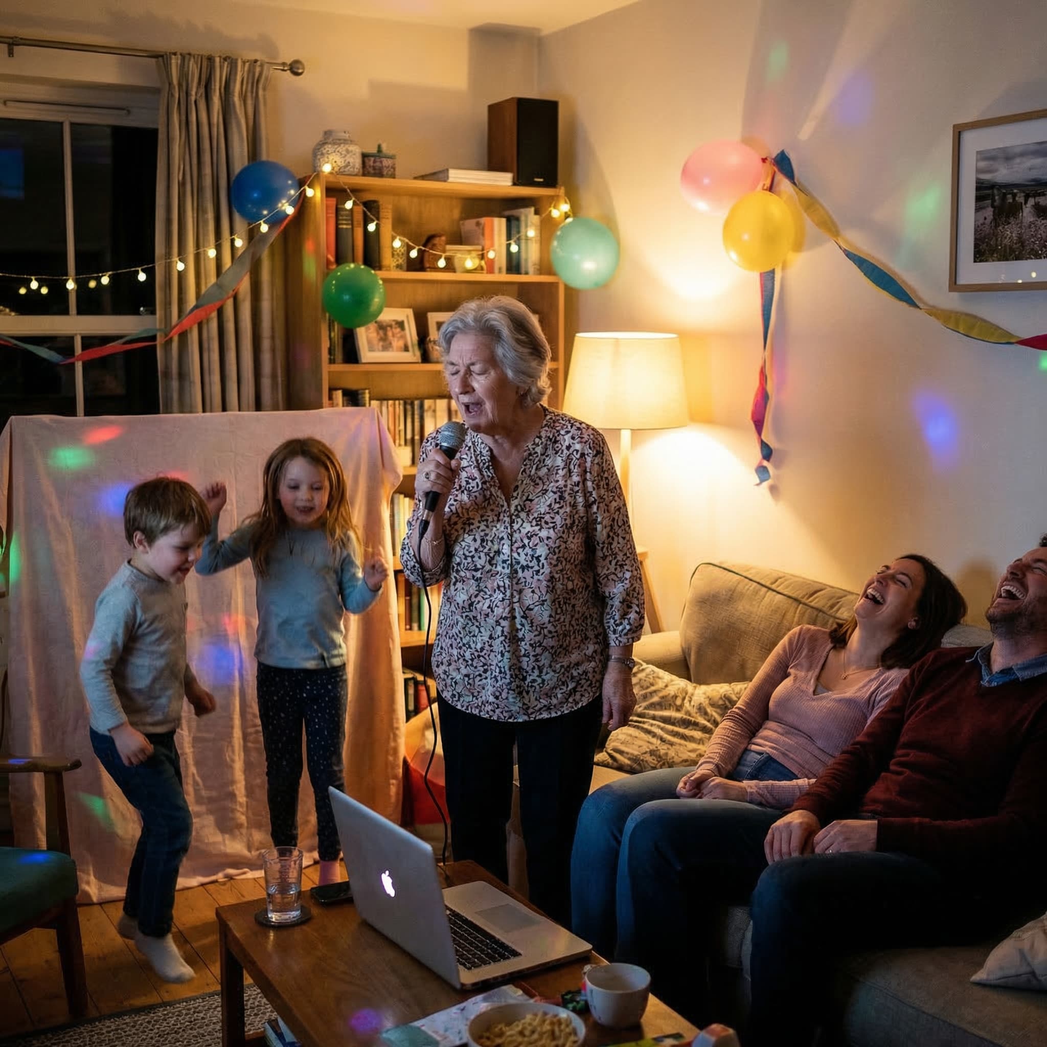 A multigenerational family karaoke party in a living room.